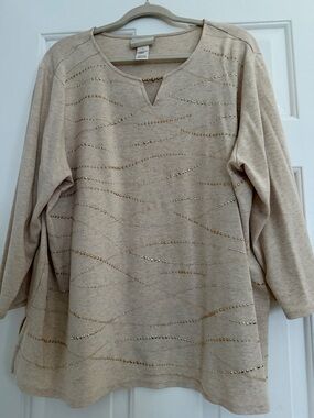 Alfred Dunner Beige Embellished V-Notch Long Sleeve Top